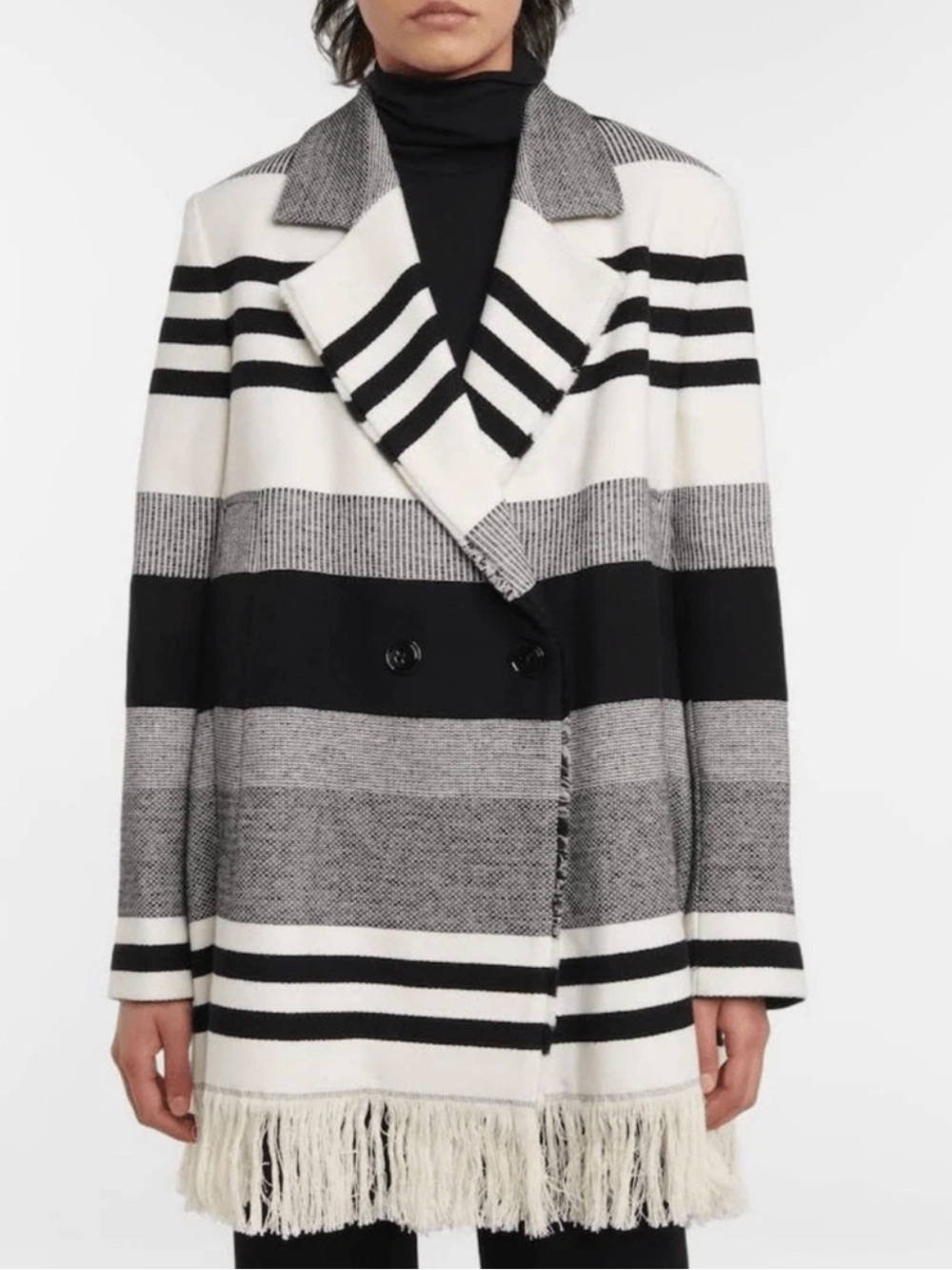 Fringed Stripe Blend Blazer Jacket in Black & White